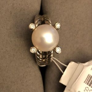 David Yurman Cable Collectibles® Pearl Ring in Silver w/ Diamonds NWT Sz 6